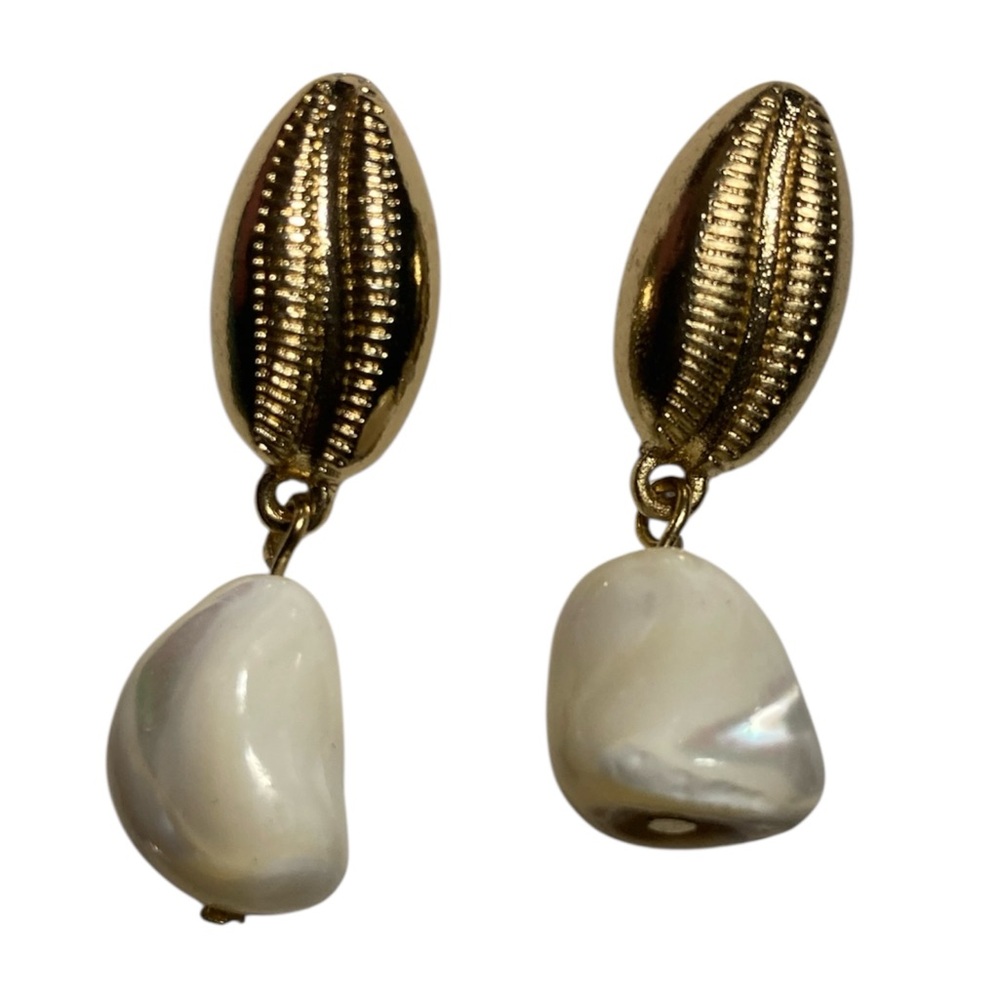 Gold and Cream Shell Drop Earrings